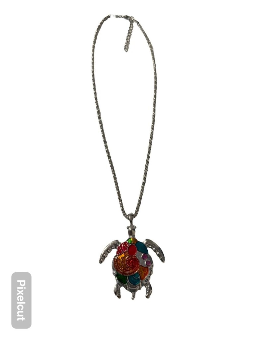 Vintage Turtle Pendant Necklace Silver Tone Multicolor Enamel Sea Life 18”
